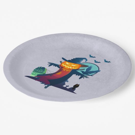 Halloween-Skelett mit Fledermauskeule Pappteller (Schrägansicht)