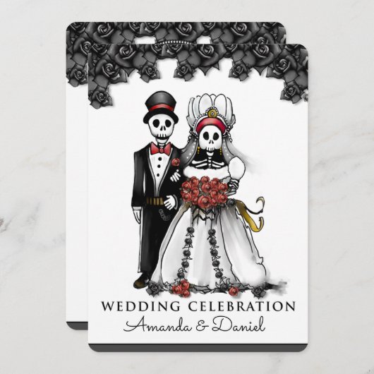 Halloween-Skelett-roter Braut-Bräutigam zusammen Einladung (Vorne/Hinten)
