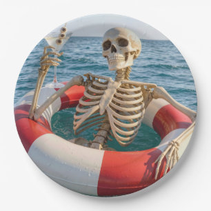 Halloween-Skelett schwebt in einem Rettungsring Pappteller