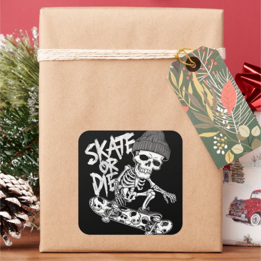 Halloween Skelett Skateboarder Art: Stilvoll Quadratischer Aufkleber (Feiertag)