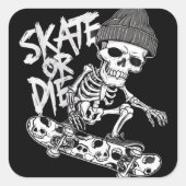 Halloween Skelett Skateboarder Art: Stilvoll Quadratischer Aufkleber (Vorderseite)
