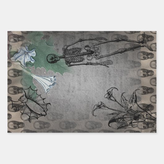 Halloween Skelett und White Calla Lilies Ephemera Geschenkpapier Set (Vorderseite)