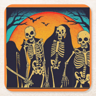 Halloween - Skelette Holzschnitt 1 Rechteckiger Pappuntersetzer