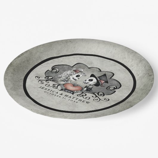 Halloween-Skelette schwarz u. graue Pappteller (Schrägansicht)