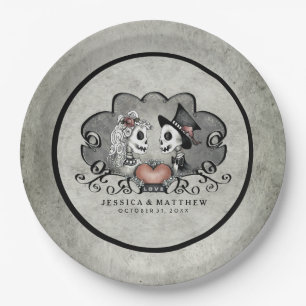 Halloween-Skelette schwarz u. graue Pappteller