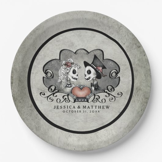 Halloween-Skelette schwarz u. graue Pappteller (Vorderseite)