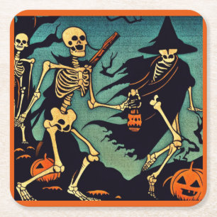 Halloween - Skelette Woodcut 2 Rechteckiger Pappuntersetzer