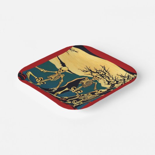 Halloween - Skelette Woodcut 4 Pappteller (Gewinkelt)