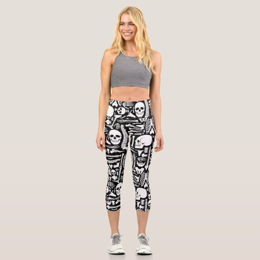 Halloween Skelettmuster Capri Leggings (Vorderseite)