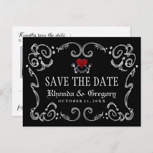 Halloween Skeletton Herz FOTO auf Zurück Rett Datu Ankündigungspostkarte (Vorne/Hinten)