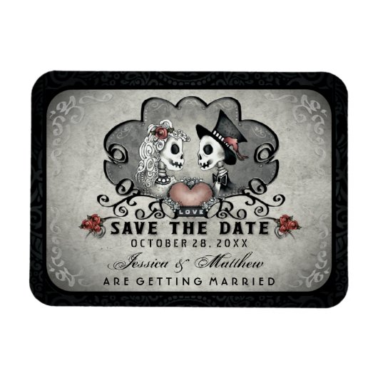 Halloween Skeletts Black Gray & Red Heart Magnet (Horizontal)