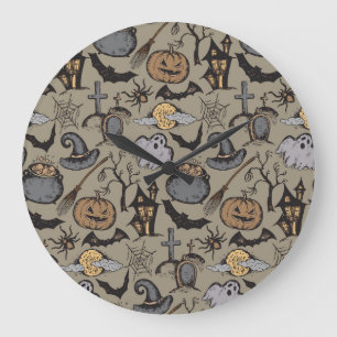 Halloween-Skizze: Nahtloses Vintage-Muster Große Wanduhr