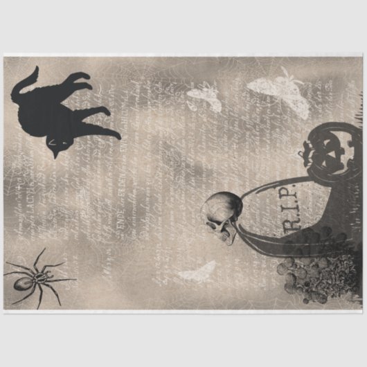 Halloween Skull auf Grabstein und Black Cat Seidenpapier (Vorderseite)