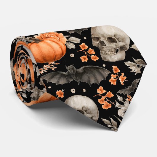 Halloween Skull Bats und Blume Schwarz Krawatte (Gerollt)