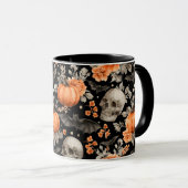 Halloween Skull Bats und Blume Schwarz Tasse (VorderseiteRechts)