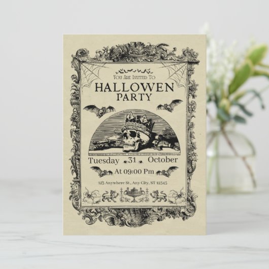 Halloween Skull Crown Spider Foil Einladung Party (Stehend Vorderseite)