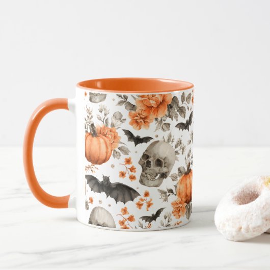 Halloween-Skull-Fledermäuse und -Blume Tasse (Mit Donut)
