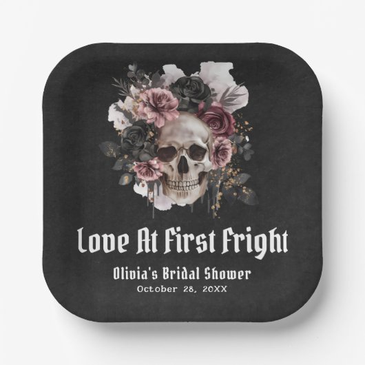 Halloween Skull-Liebe im ersten Fright-Brautparty Pappteller (Vorderseite)
