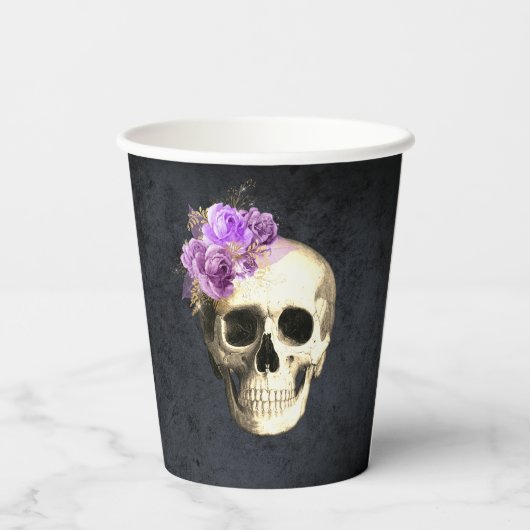 Halloween Skull Lila Rose Pappbecher (Rückseite)