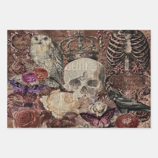 Halloween Skull mit Kronen und Eule Geschenkpapier Set (Vorderseite 3)