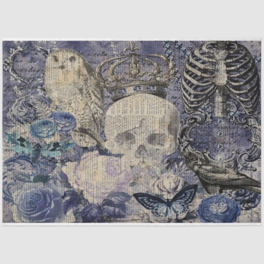 Halloween Skull mit Kronen und Eule Seidenpapier (Vorderseite)