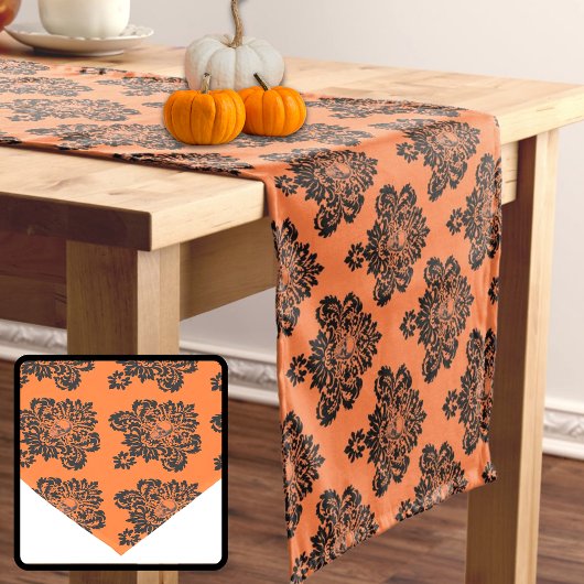 Halloween Skull Orange Black Gothic Damask Muster Mittelgroßer Tischläufer