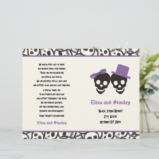 Halloween Skull Schwarz und lila Hochzeitsprogramm (Stehend Vorderseite)