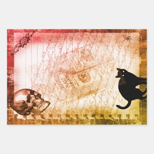 Halloween Skull und Black Cat Script Ephemera Geschenkpapier Set (Vorderseite 3)