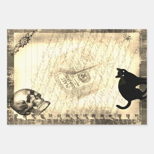 Halloween Skull und Black Cat Script Ephemera Geschenkpapier Set (Vorderseite 2)