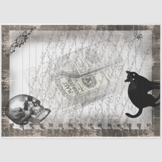 Halloween Skull und Black Cat Script Ephemera Seidenpapier (Vorderseite)