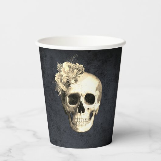 Halloween Skull White Roses Pappbecher (Rückseite)