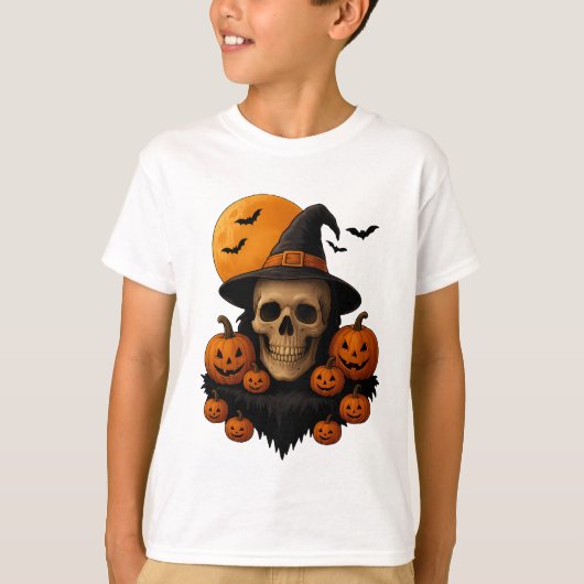 Halloween Skull With Pumpkins and Witch Hat T-Shir T-Shirt (Vorderseite)