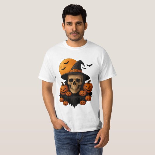 Halloween Skull With Pumpkins and Witch Hat T-Shir T-Shirt (Vorne ganz)
