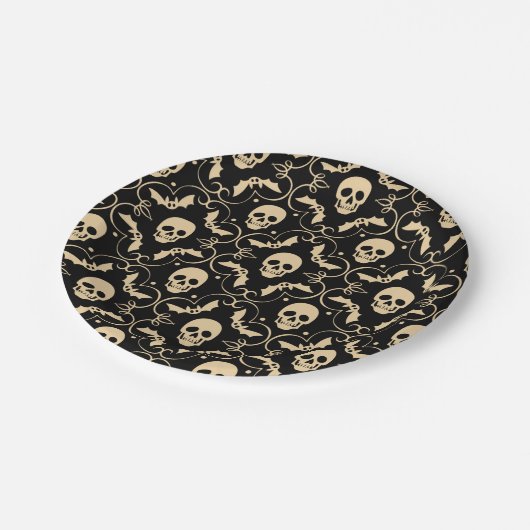 Halloween-Skulls & Fledermäuse Party Pappteller (Schrägansicht)