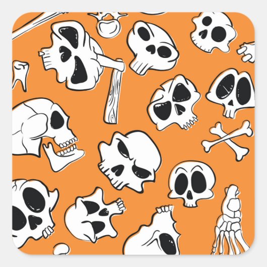 Halloween Skulls Knochen Doodle Muster Quadratischer Aufkleber (Vorderseite)