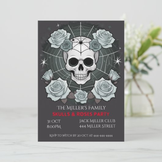 Halloween Skulls & Rose Party Anpassen Einladung (Stehend Vorderseite)