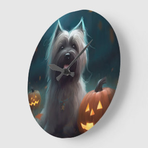 Halloween Skye Terrier mit Kürbissen Gruselig  Große Wanduhr