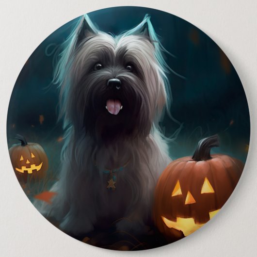 Halloween Skye Terrier mit Pumpkins Beängstigend Button (Vorderseite)