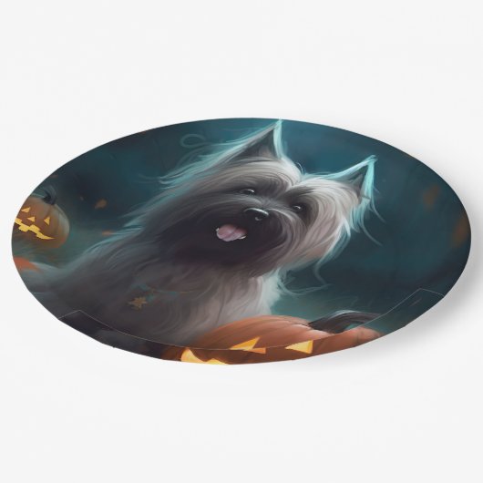 Halloween Skye Terrier mit Pumpkins Beängstigend Pappteller (Schrägansicht)