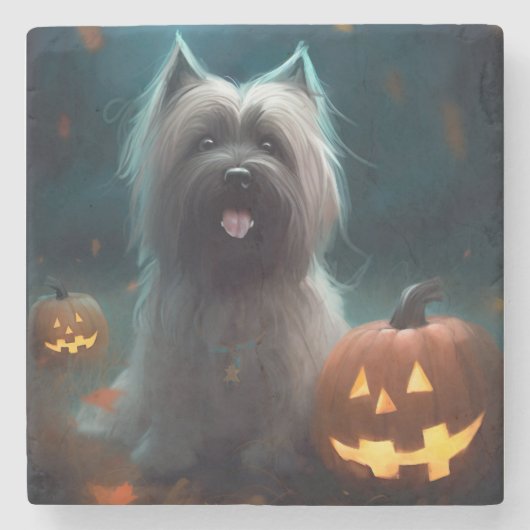 Halloween Skye Terrier mit Pumpkins Beängstigend Steinuntersetzer (Vorderseite)