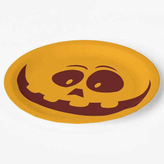 Halloween Smiley Orange und Brown Pappteller (Schrägansicht)