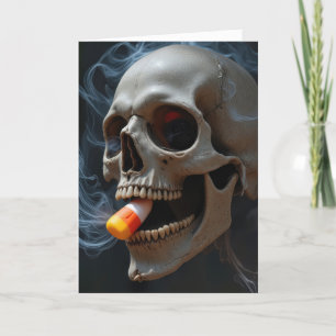 Halloween Smoking Skull Biting Candy Corn Karte