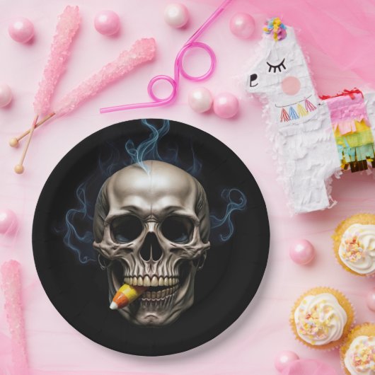 Halloween Smoking Skull Biting Candy Corn Pappteller (Party)
