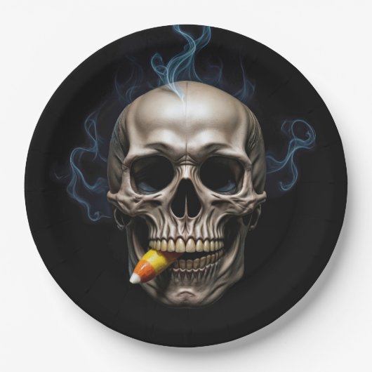 Halloween Smoking Skull Biting Candy Corn Pappteller (Vorderseite)
