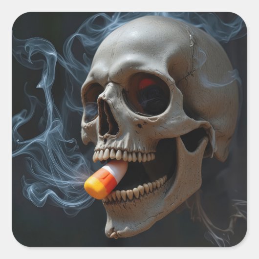 Halloween Smoking Skull Biting Candy Corn Quadratischer Aufkleber (Vorderseite)