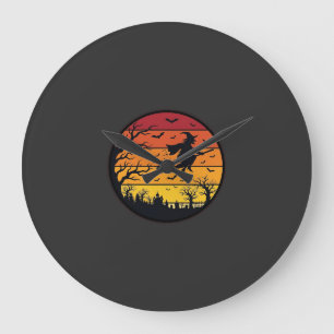 Halloween-Sonnenuntergang-Hexe-Silhouette Retro-Kr Große Wanduhr