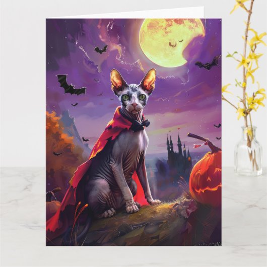 Halloween Sphynx Cat Vampire Pumpkins Beängstigend Karte (Gelbe Blume)