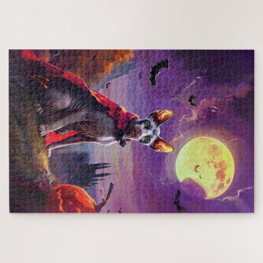 Halloween Sphynx Cat Vampire Pumpkins Beängstigend Puzzle (Horizontal)