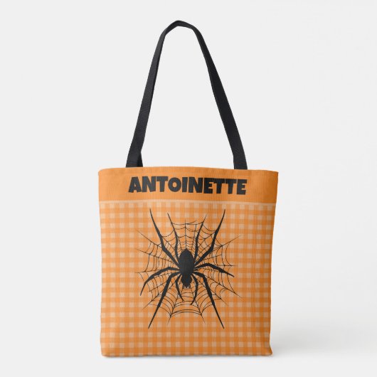 Halloween Spider in Cobweb Orange Gingham Plaid Tasche (Rückseite)