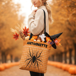 Halloween Spider in Cobweb Orange Gingham Plaid Tasche